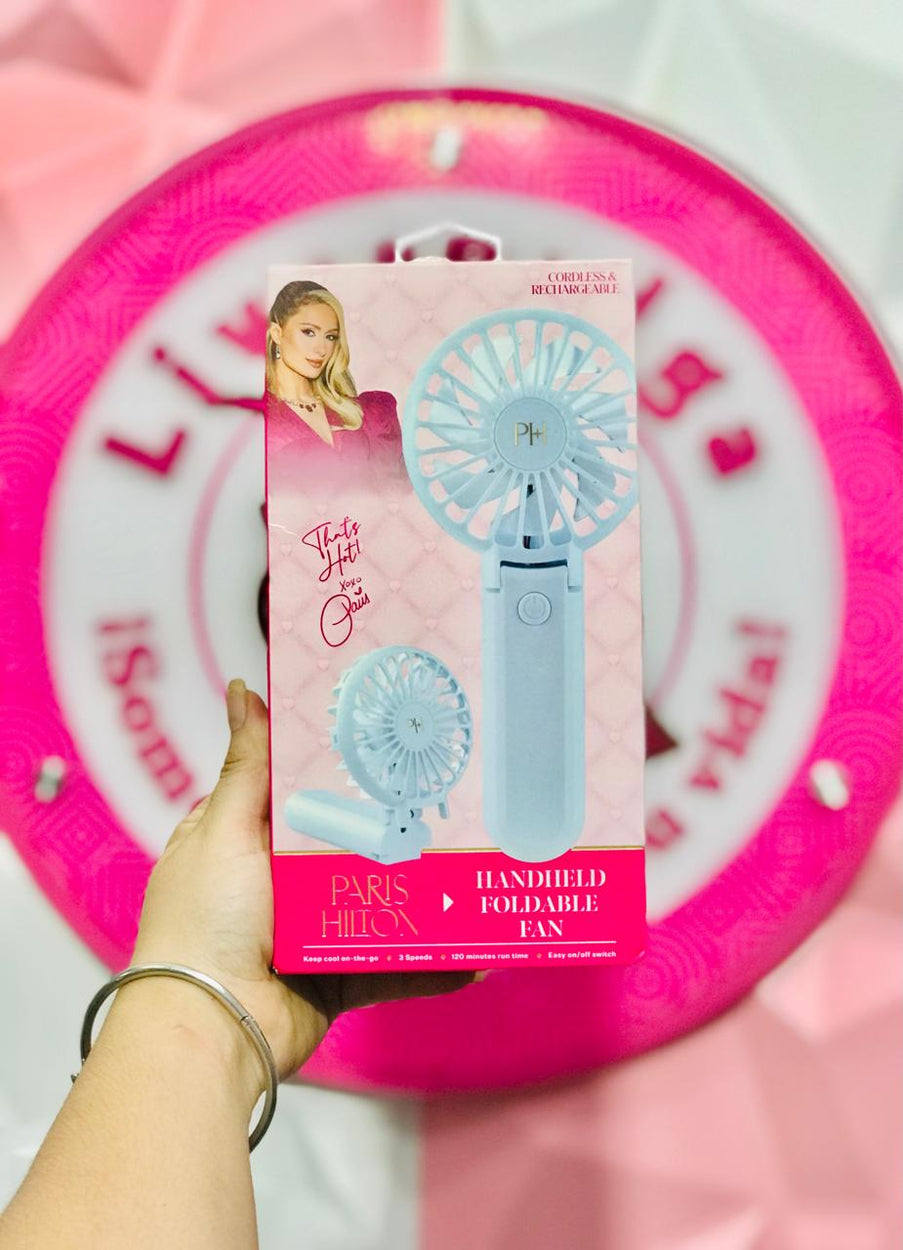 Ventilador de Mano Paris Hilton 💖 That's Hot! Original Plegable 2 en 1 Recargable Celeste Baby Blue 3 Velocidades 120 Min 💙✨