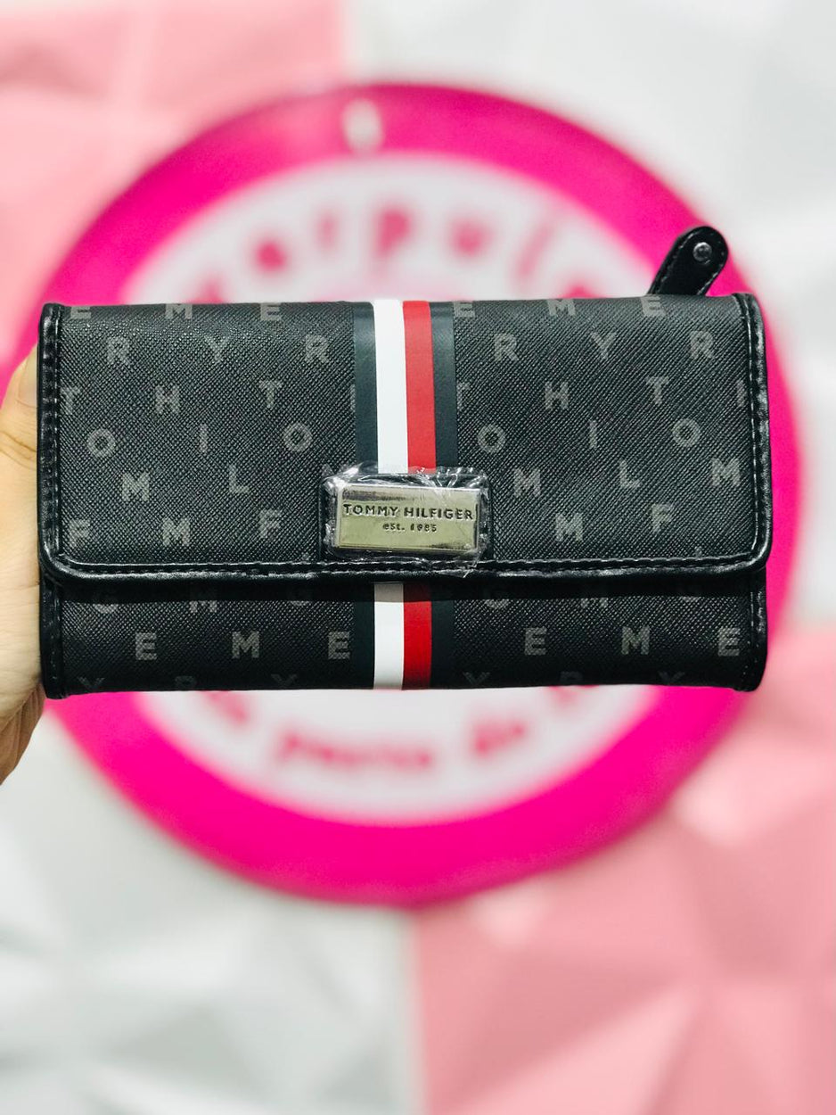 🖤Cartera Tommy Hilfiger Logo Monogram Negra con Franja 🖤❤️🤍✨