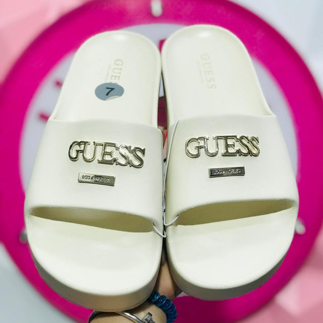 Sandalia Slide Guess Blanca Con Logo Dorado Talla 24 Mex