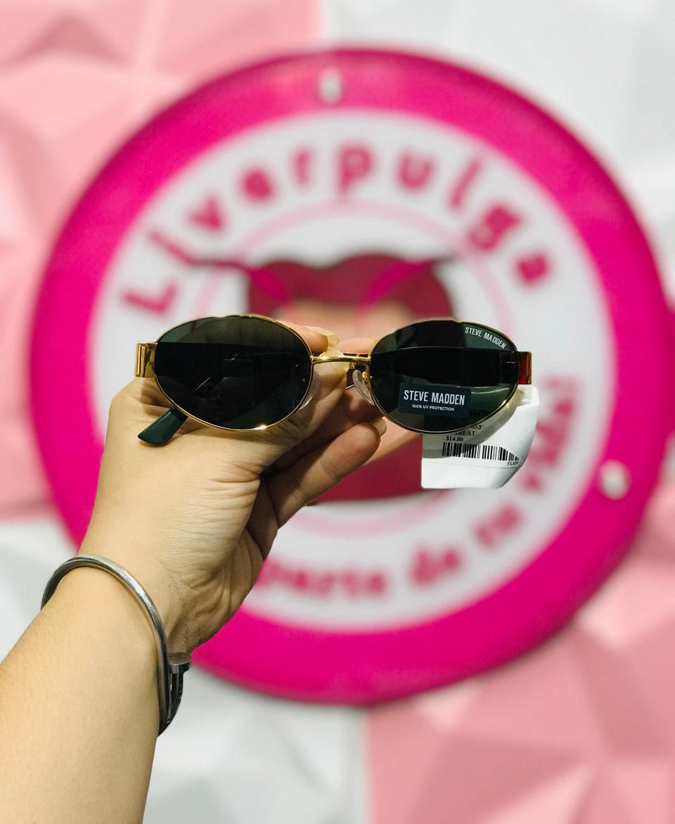 💛 Lentes Steve Madden Originales Ovalados Retro Dorado + Mica Negra + Varilla Ancha Dorada + Protección UV☀️😎