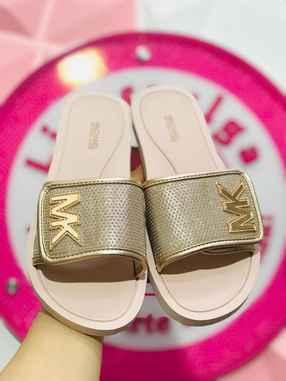 Chancla Slide Michael Kors Dorada Con Logo MK Talla 25 Mex