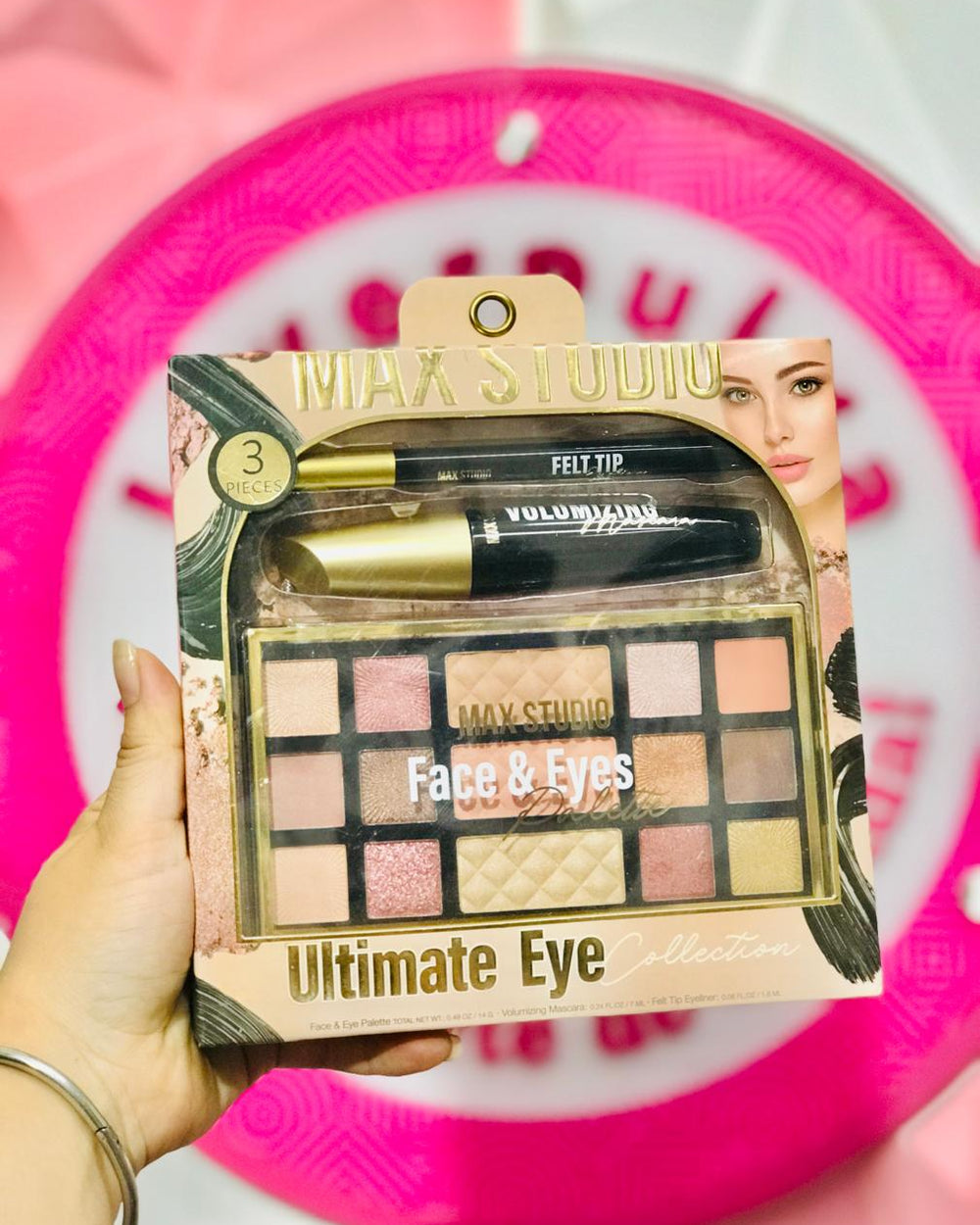 Set 3 pzas Ultimate Eye Collection 💄 Max Studio Original Face & Eyes Palette 15 Tonos + Volumizing Mascara + Felt Tip Eyeliner Mirada Glam Completa 🤎✨