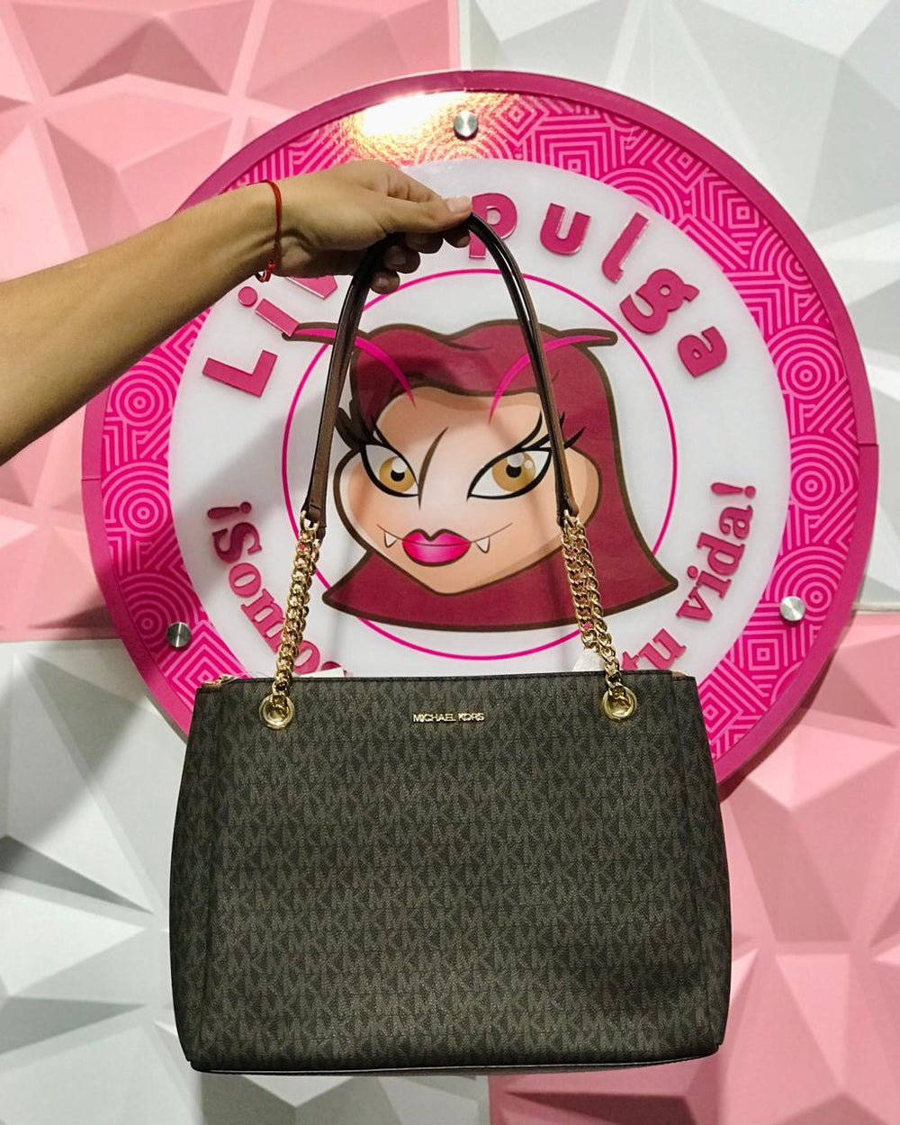 Bolsa Michael Kors Tote Monograma Café Con Cadena Dorada