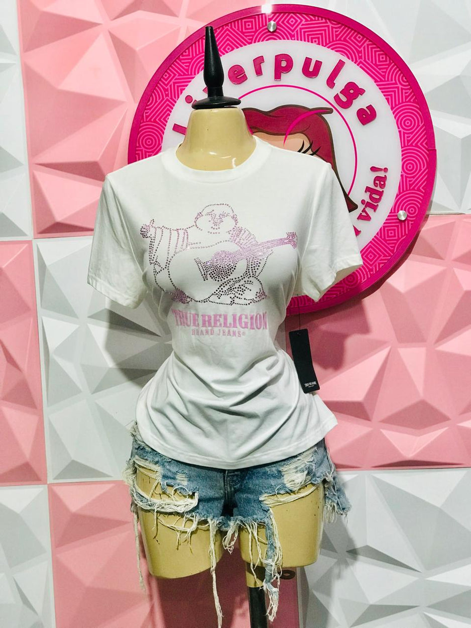Playera True Religion Blanca Buda Cristales Rosa Talla XL