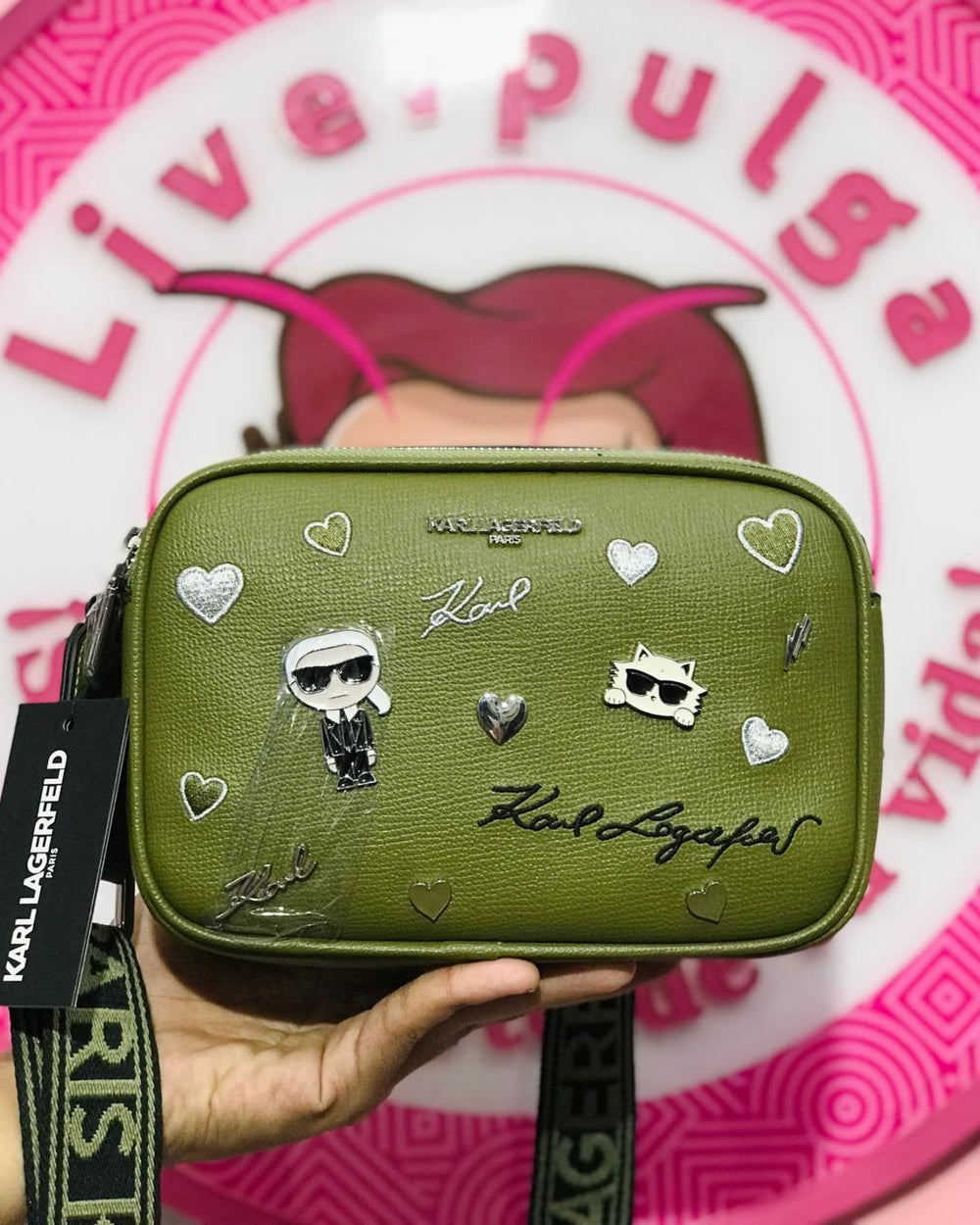 Bolsa Karl Lagerfeld Paris Crossbody Verde Con Corazones Y Pines