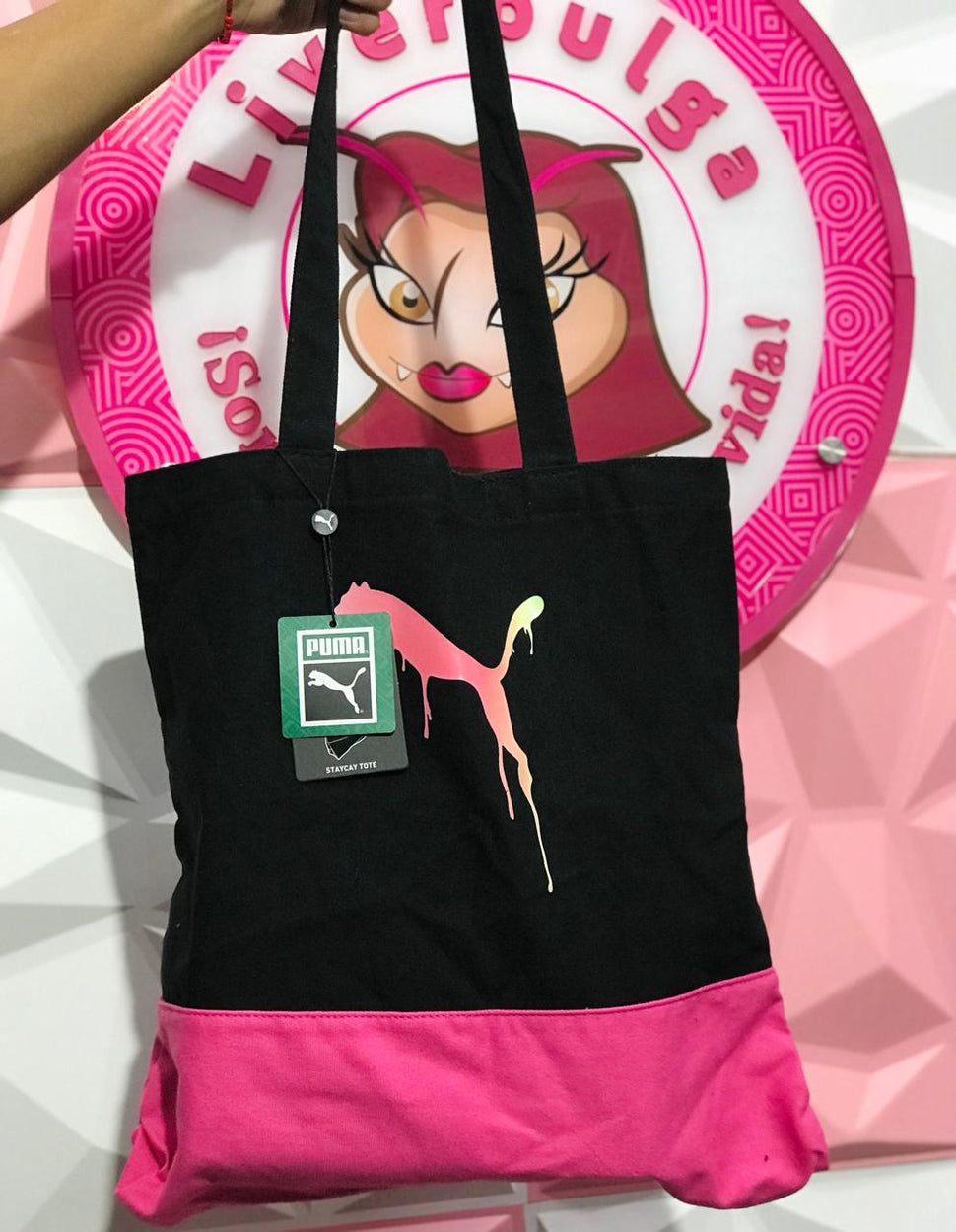 Bolsa Puma Tote Negra Con Rosa Modelo Staycat Drip