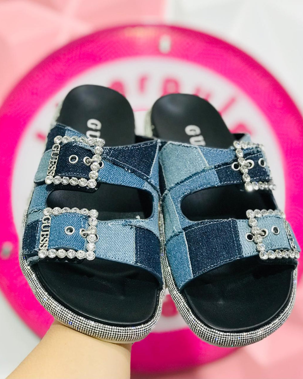Sandalia Guess Denim Patchwork Con Brillos Talla 26 Mex