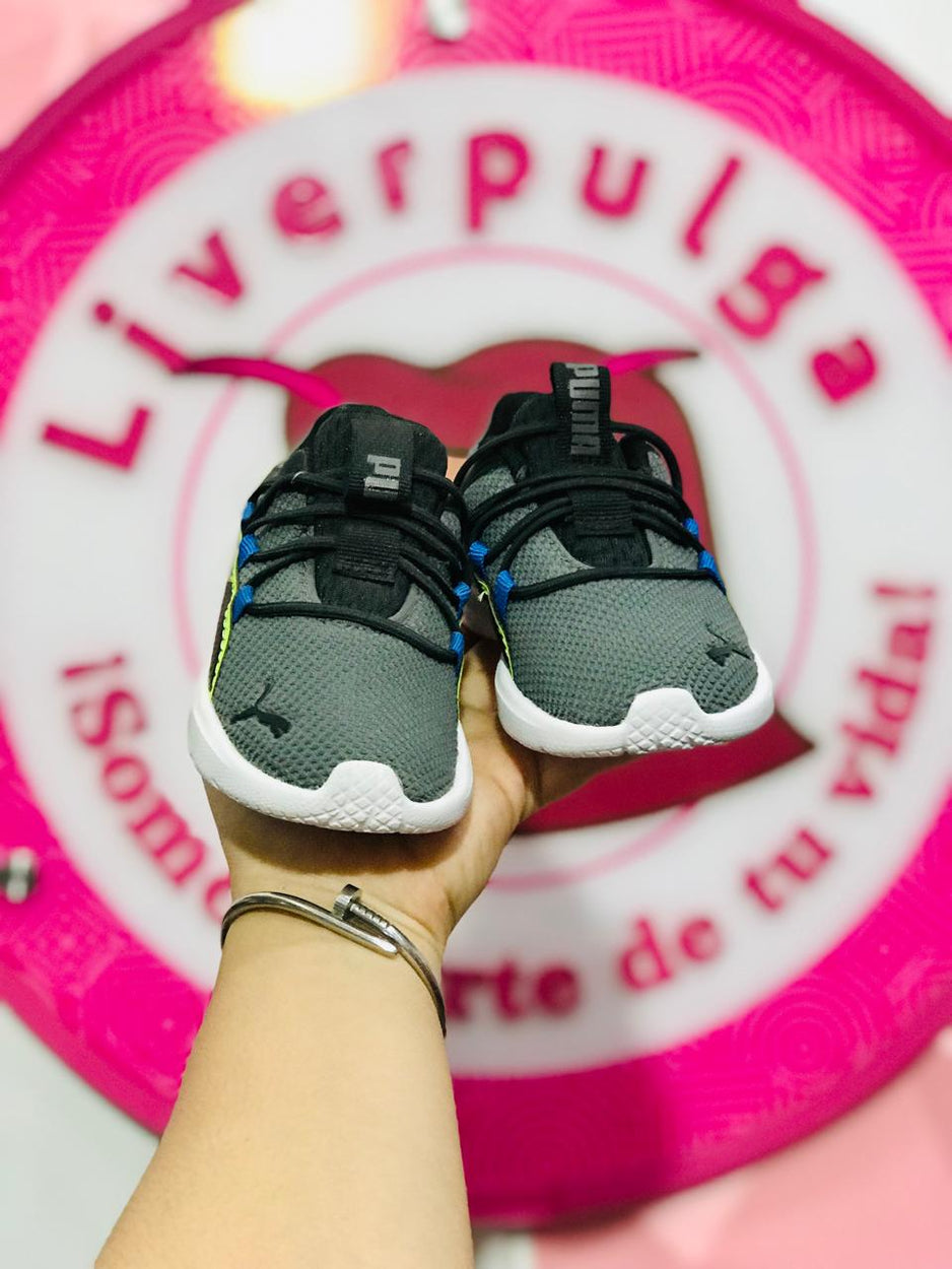 Tenis para Bebé Puma Gris con Detalles Azul Talla 14 cm