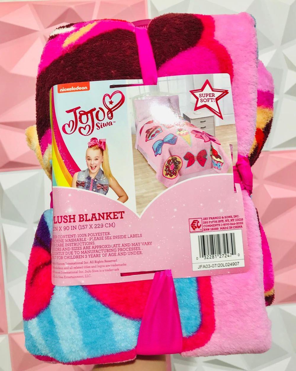 Frazada Plush Súper Suave JoJo Siwa Original 🌈 Nickelodeon 62x90in (157x229cm) Diseño Moños, Donas, Cupcakes y Heladitos Ultra Afelpada y Calientita 🎀