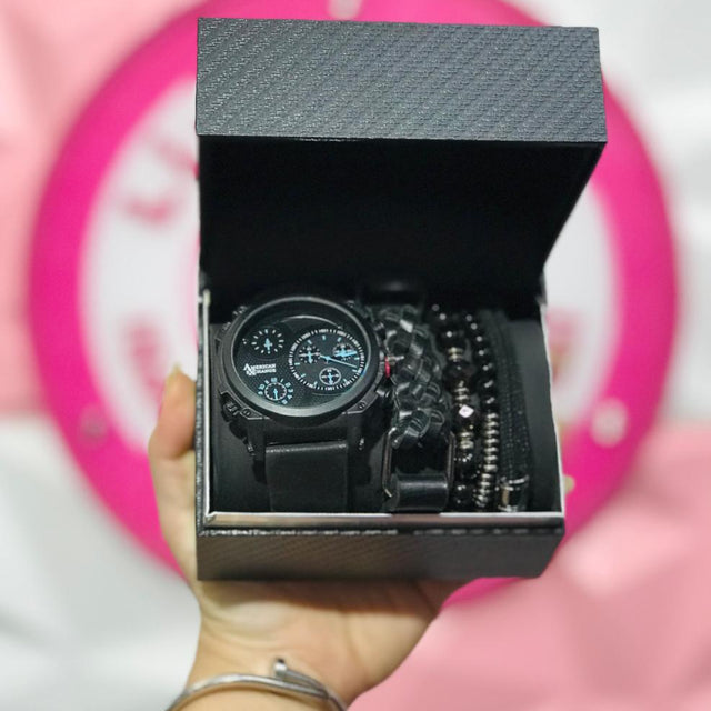 Set de Reloj American Exchange con Pulseras – Negro Elegante