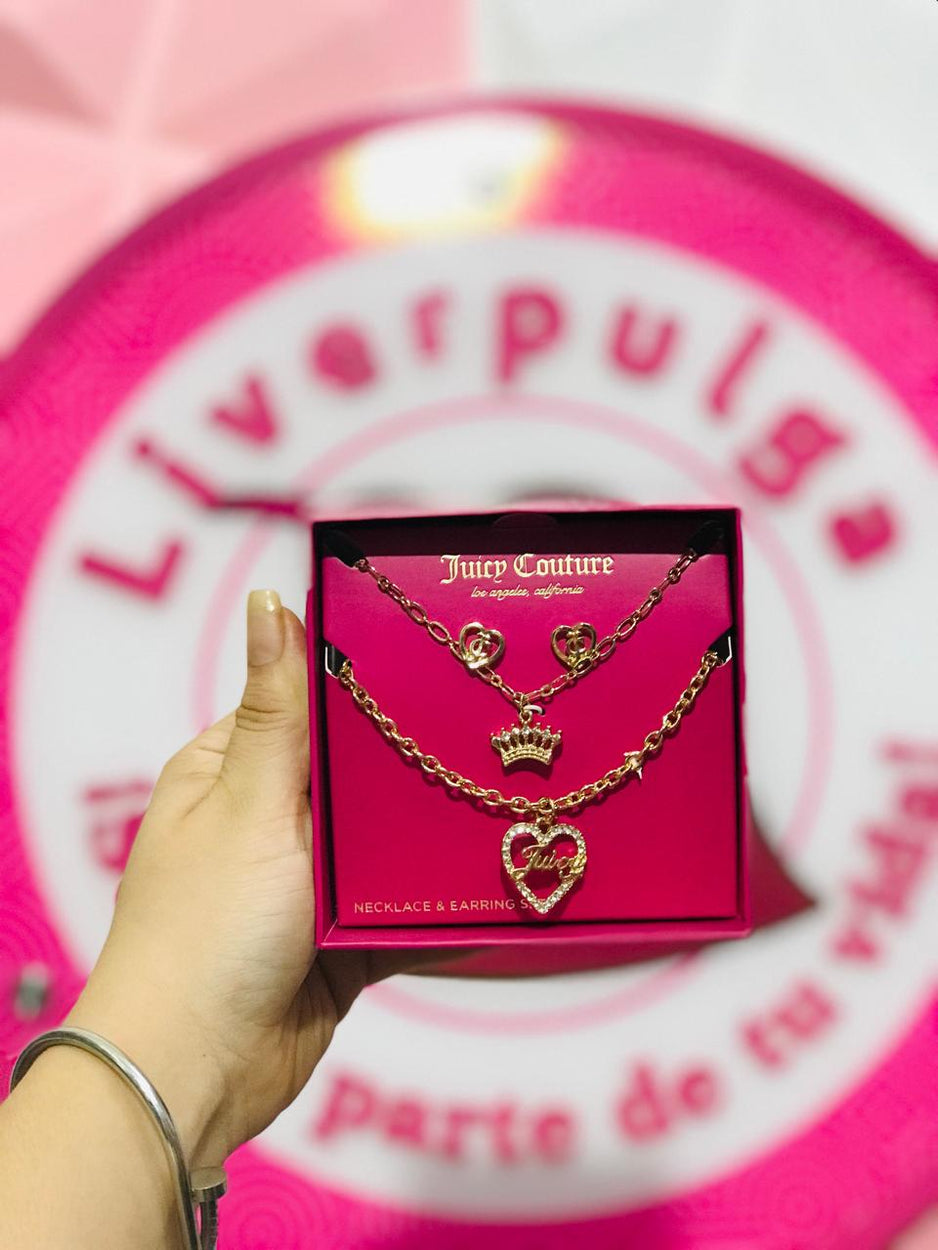 Set Joyería Juicy Couture Original 💝 Necklace & Earring Set 2 Cadenas + Aretes Dorado Corazón Brillante + Coronita + Cajita Cerezas Cherry 🍒✨