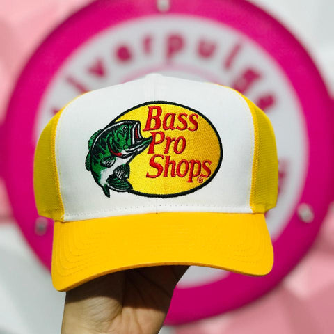 Gorra Trucker Amarilla Y Blanca Bass Pro Shops Con Logo Bordado