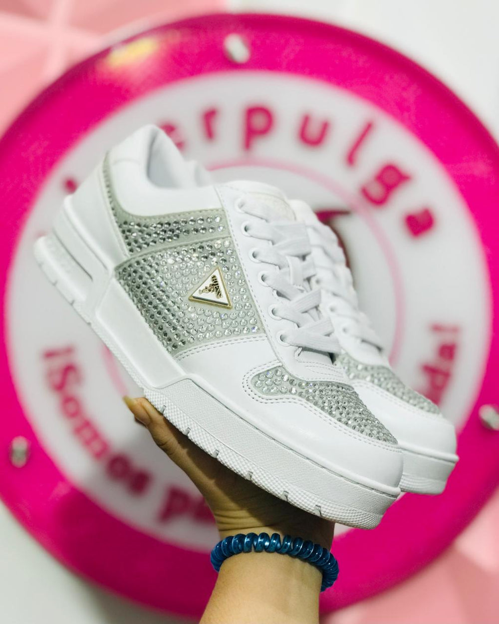 Tenis Guess Blanco Con Pedreria Brillante Talla 24.5 Mex