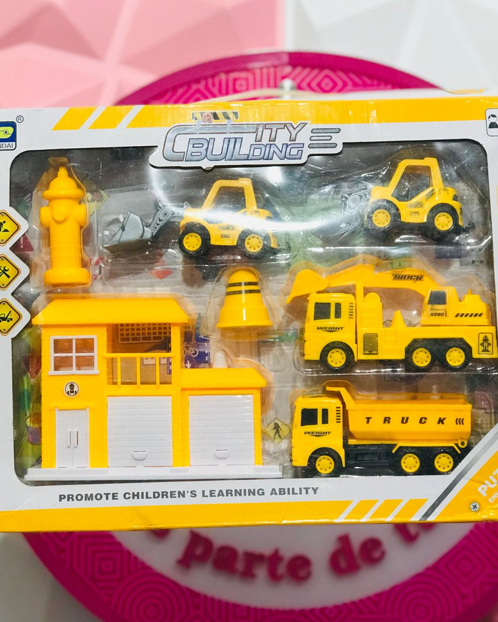 🚧💛Set Ciudad de Construcción City Building 🏗️ 6 Piezas Camiones + Base + Señalamientos Amarillo DIY Pull Back 3+ Años 🚜