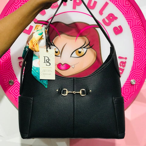 Bolso DS Negro Con Paliacate Tipo Hobo Mediano Con Herraje Dorado