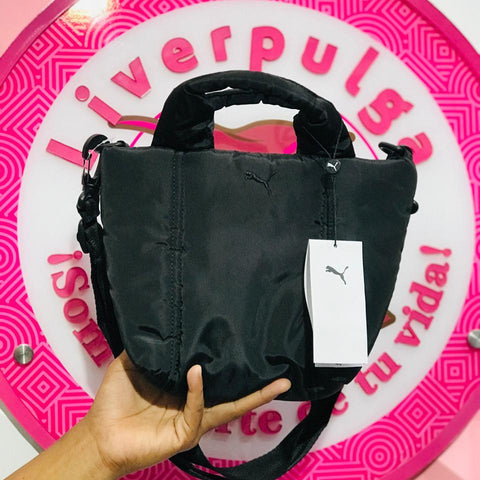 Bolsa Puma Tote Mini Negra Acolchada Con Doble Correa