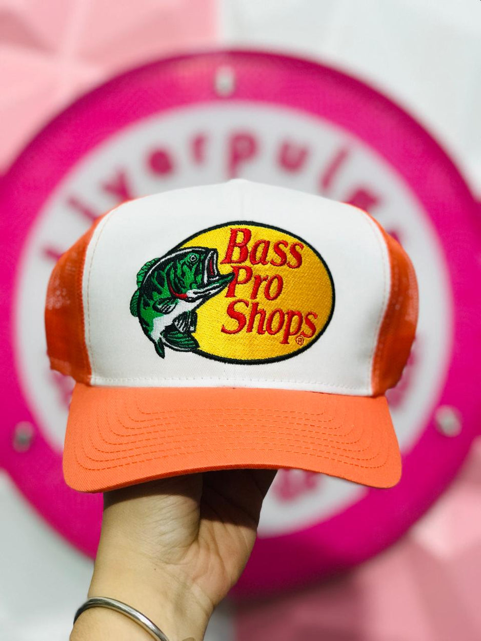 Gorra Trucker Naranja Y Blanca Bass Pro Shops Con Logo Bordado