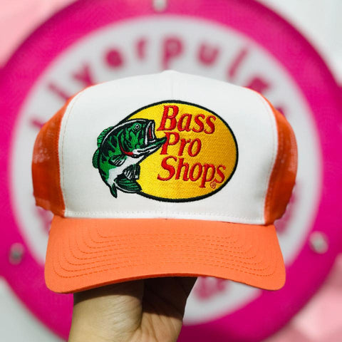 Gorra Trucker Naranja Y Blanca Bass Pro Shops Con Logo Bordado