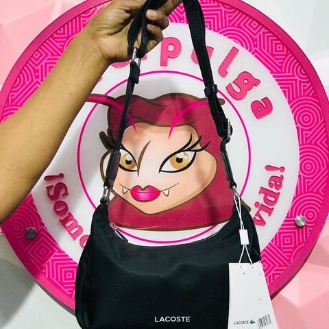Bolsa Lacoste Hobo Negra Nylon Con Correa Ancha Logo