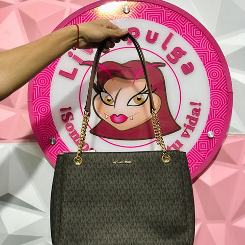 Bolsa Michael Kors Tote Monograma Café Con Cadena Dorada