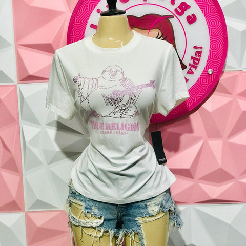 Playera True Religion Blanca Buda Cristales Rosa Talla XL