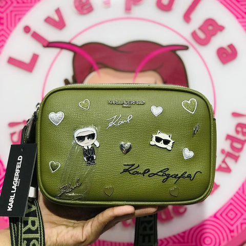Bolsa Karl Lagerfeld Paris Crossbody Verde Con Corazones Y Pines