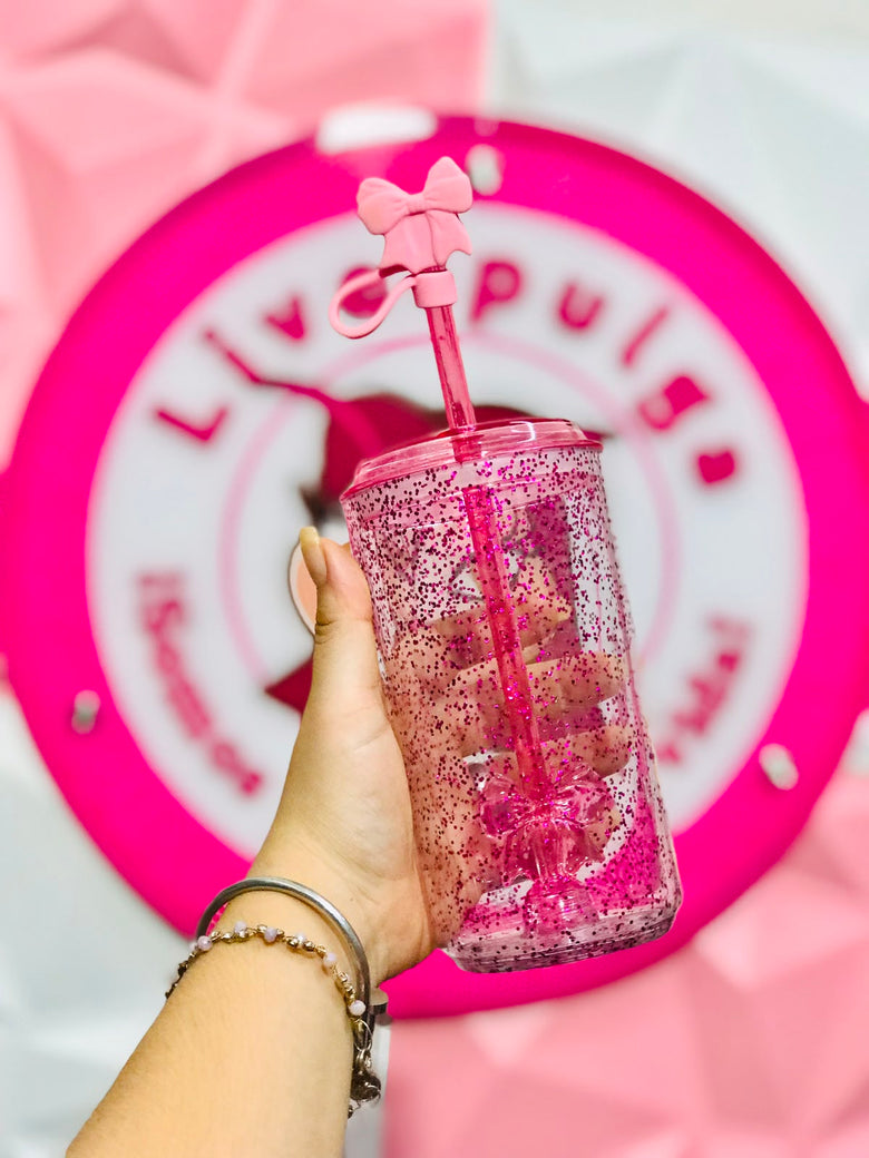 Vaso Paris Hilton Glitter Sipper Rosa con Popote