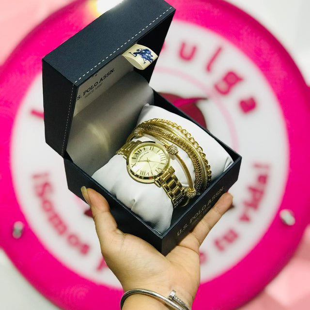 Set Reloj U.S. Polo Assn. Dorado – 3 Brazaletes + Cajita Regalo