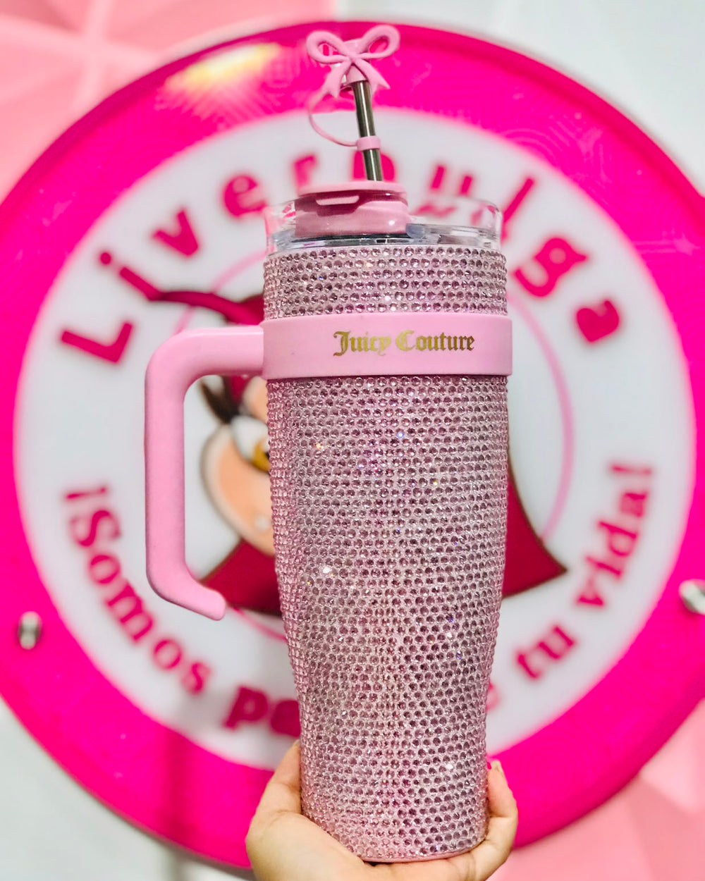 💖✨👛🎀 Vaso Termo Juicy Couture Rosa Pedrería Brillante Con Asa Y Moñito 🎀👛✨💖.