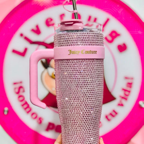 Vaso Termo Juicy Couture Rosa Pedrería Brillante Con Asa Y Moñito