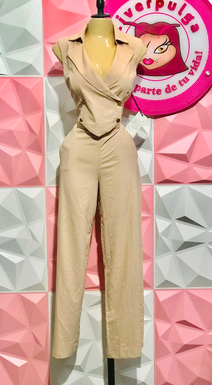 Jumpsuit Enterizo Beige Chaleco Cruzado Elegante Talla M