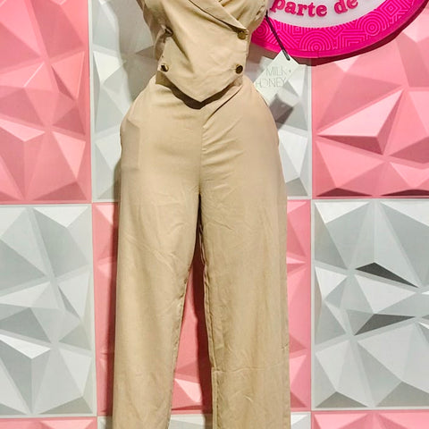 Jumpsuit Enterizo Beige Chaleco Cruzado Elegante Talla M