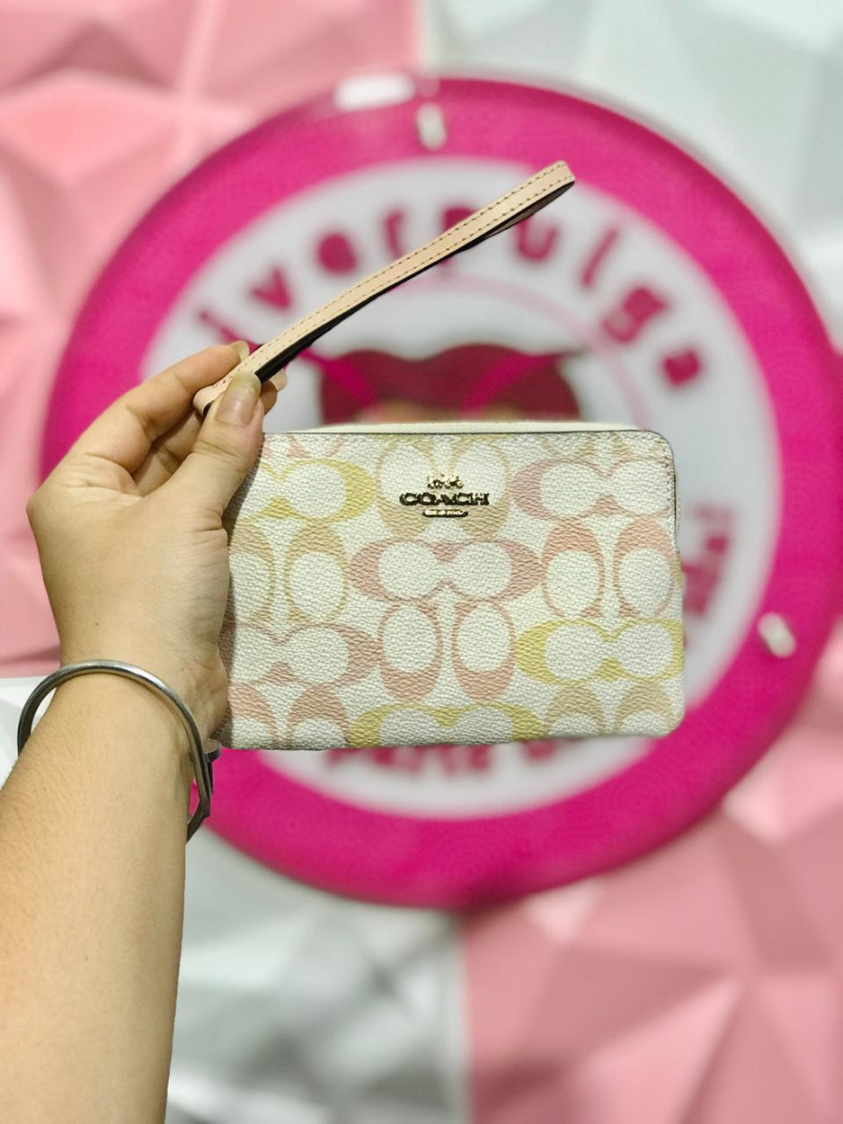 Muñequera COACH Original Pastel Rainbow 🤍 Logo C Signature Nude Rosa Amarillo Wristlet Zippy Zipper + Correa Muñeca Premium 👛