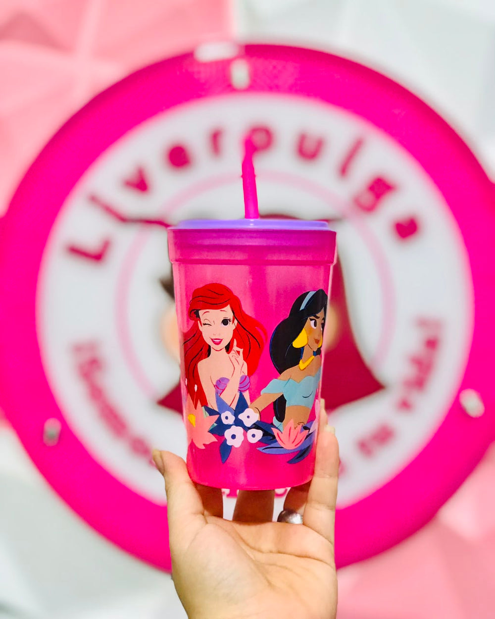 👸 Vaso Con Popote Y Tapa Disney Princesas Ariel Jazmin Blancanieves Y Rapunzel Rosa 👸.