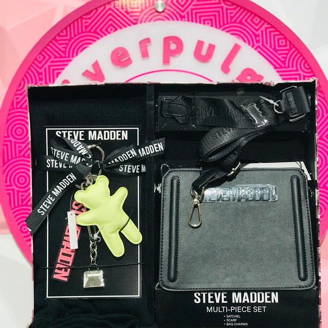 Set 3 Piezas Steve Madden Negro – Bolsa + Llavero + Bufanda
