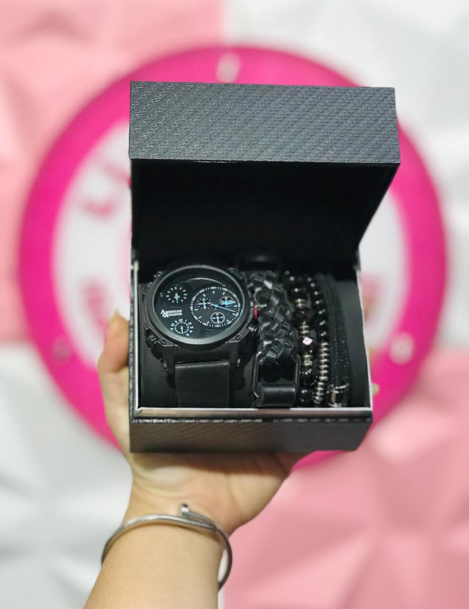 ⌚ Set de Reloj American Exchange con Pulseras – Negro Elegante 🖤✨