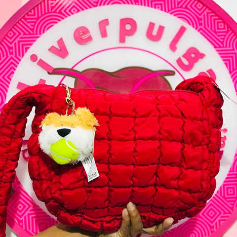 Bolsa F.A.O. Schwarz Puffer Roja Acolchada Con Llavero Perrito