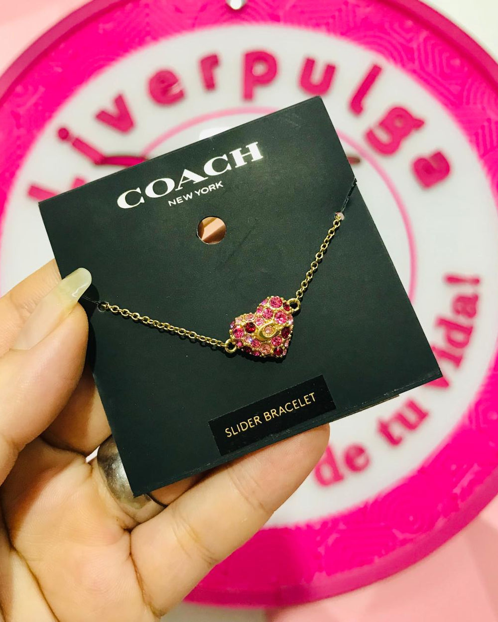 💖 Pulsera Coach New York Slider Bracelet Corazon Rosa Cristales Dorada 💖.